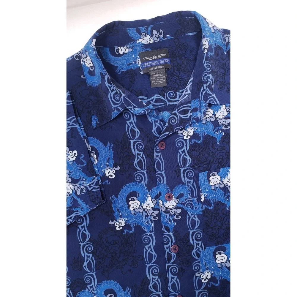 Extreme Gear Vintage Hawaiian Shirt Mens XL Blue Dragons Waves‎ Tribal Y2K Short